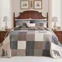 128"x120" Oversized Bedspread - 100% Cotton, Bear Deer Prints California King Extra Large Quilt, Cal King Farmhouse Cottage Plaid XL Bed Spread Lightweight Comforter, 3pcs, Brown/Green