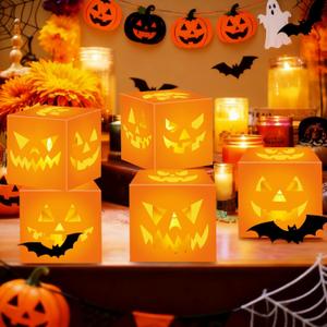 20 PCS Halloween Pumpkin Boxes with Lights - Orange Light Boxes Pumpkin Grimace Patterns for Indoor Outdoor Halloween Decorations