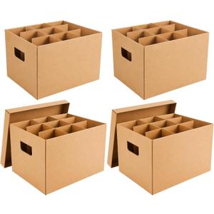 4 Pack Wine Glass Moving Boxes with Handles and Lids, 15 x 12 x 10 Inch