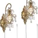 Gold Crystal Vintage Plug in Wall Sconces Set of 2 Indoor Wall Light Fixture, Modern Wall Mount Lamp Light for Bedroom Living Room Bathroom Vanity Light Hallway Light Fixture LED E12