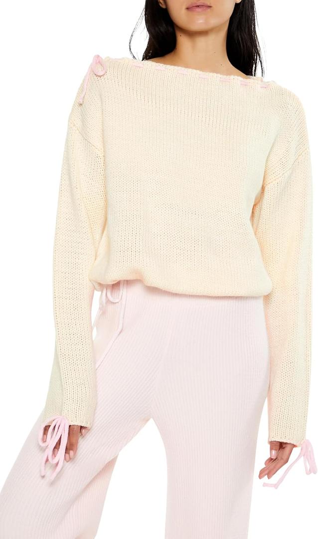 Forever 21 Womens Ribbed Lace-Up Sweater (Medium, White)