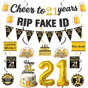 21st Birthday Decorations for Him Men,Black Gold Glitter Cheers to 21 Years Banner Triangle Flag Banner 21st Bday Hanging Swirls Number 21 Balloon Cake Topper Happy 21st Birthday Party Supplies Kit