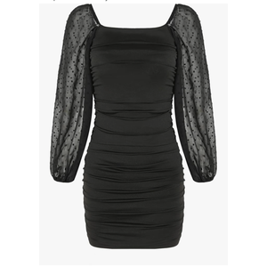 EXARUS Girls Bodycon Dress Ruched Teen Mesh Pattern Long Sleeve Party Dance Short Fitted Square Neck Fancy Cute Dresses  Size 140, 10Y