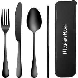 Portable Utensils Set with Case,Reusable Office Flatware Set,Healthy Travel Cutlery Set 4 PCs Stainless Steel Knife Fork Spoon Straw Cutlery Ideal for Travel, Lunch Box and Camping (Black-4 PCs)