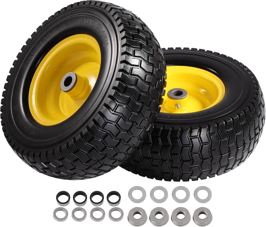 ACEBRI 13x5.00-6 Lawn Mower Tire and Wheel 13x5.00-6 Flat Free Tire Solid Rubber Tire Compatible with Riding Lawn Mower, garden tractors, With 3/4 1/2 5/8 0.1" Bushings, 3-3.8" Centered Hub, 2PCS