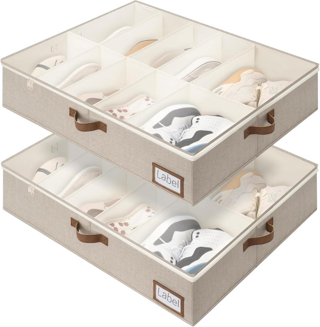 StorageWorks Under Bed Shoe Storage for Closet, 2-Pack Ultra-thick Fabric Shoe Organizer, Collapsible Shoes Containers with Bottom Support, Fits up to 24 Pairs, Taupe