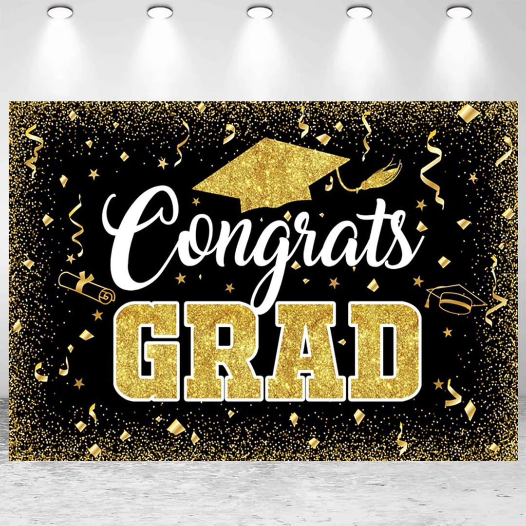 10x8ft Congrats Grad Backdrop Black Gold Class of 2026 Graduation Photography Background for 2026 Congratulation Graduate School Prom Party Banner Decorations Photo Studio Props