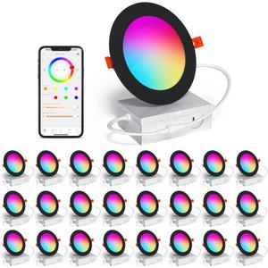 SikSog Black 24 Pack Smart Recessed Lighting 4 Inch RGBCW Color Changing 12W LED Downlight with Junction Box,1080 Lumen Recessed Ceiling Light Compatible with Alexa,Dimmable by Bluetooth Control