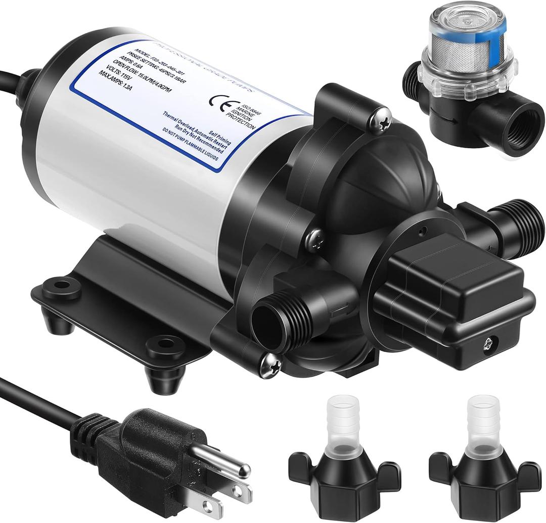 Water Pressure Diaphragm Pump Industrial 115V 4 GPM 45 PSI, Self Priming Water Booster Pump with Power Plug, Fittings Strainer Filter for Kitchen Bathroom RV Marine Caravan, Food Truck, Hose(Black)
