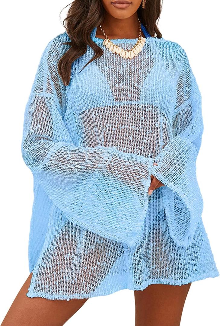 Lilosy Sexy Crochet Sheer Kaftan Caftan Beach Dress Bathing Suit Swim Coverup Summer Vacation Outfits One Piece XL