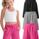 3 Pack Girls' Shorts Bermuda Summer Knee Length Casual Drawstring Athletic SweatShorts with Pockets for Ages 5-16
