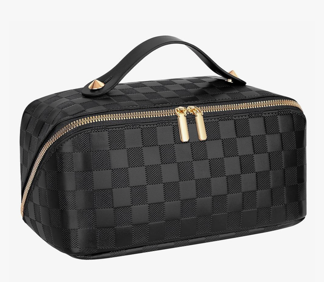 Large Capacity Travel Cosmetic Bag - Portable Makeup Bags for Women Waterproof PU Leather Checkered Makeup Organizer Bag with Dividers and Handle,Toiletry Bag for Cosmetics