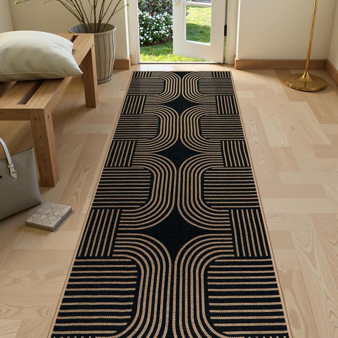 Lahome Modern Geometric Black Runner Rug, 2x8 Indoor Outdoor Hallway Kitchen Runner Rug with Rubber Backing, Farmhouse Washable Non Slip Non Shedding Floor Carpet for Bedroom Entry Patio
