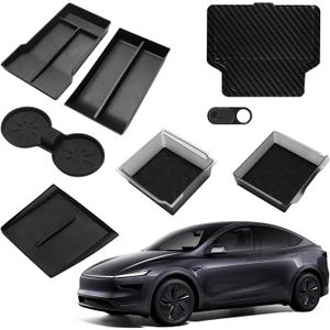 8PCS Center Console Organizer for Tesla Model Y Juniper 2026, Includes Upper & Lower Center Console Trays, Armrest Hidden Storage Box, Wireless Charging Mat, Cup Holder Insert, Car Camera Cover