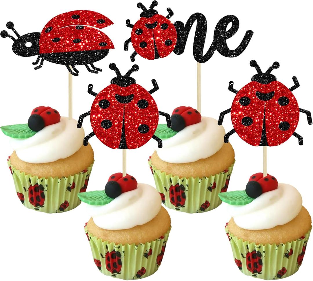 Gyufise 24Pcs Ladybug One Cupcake Toppers Glitter First Birthday Cake Topper Decorations for Garden Theme Baby Shower Birthday Party Cake Decorations Supplies (Red Black)