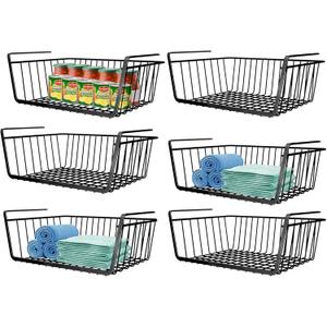 6 PACK Hanging Under Shelf Storage Basket Kitchen Cabinet Organizer Storage, Slides Under Wire Shelves for Counter Pantry Desk Bookshelf, Black