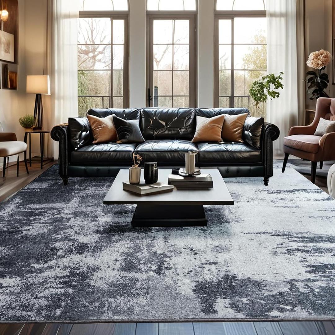 Area Rug 8x10 Washable Rugs Modern Abstract Area Rug Soft Non-Slip Non-Shedding Faux Wool Stain Resistant Floor Carpets for Living Room Bedroom Dining Room Kids Room Home Office (Grey and Black)