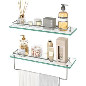 HOOBRO Glass Shelves for Bathroom, 15.7 Inch Floating Glass Shelf for Wall, Set of 2 Tempered Stainless Steel Wall Mounted Stand for Toilet, Room Decor, Silver SV02BJ01