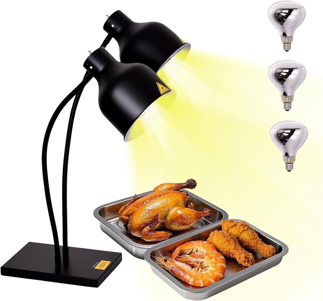 Commercial Dual Head Food Heat Lamp, Portable Electric Food Warmer 3-Bulb 550W Electric Warming Lights for Food Service Restaurant Buffet Kitchen
