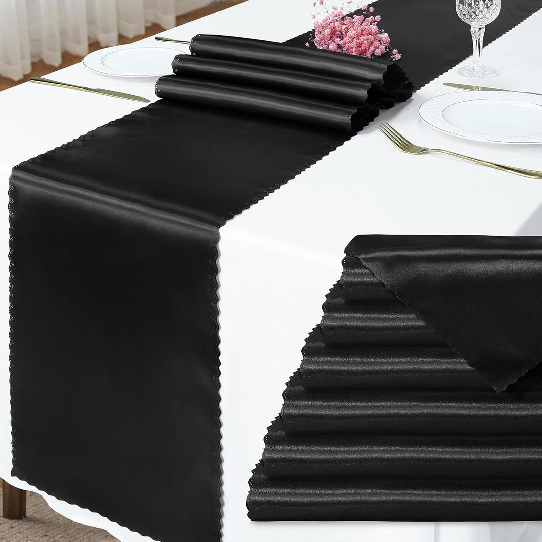 6 Pack Black Satin Table Runner - 12 x 108 Inch Long, Bright Smooth with Scalloped Edges, Silky Dinner Table Runner Decorations for Weddings, Banquets, Birthday Parties, Graduations