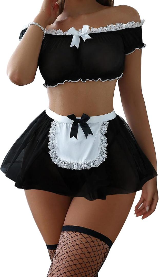 Sexy Stockings Mini Skirt Mesh Sheer Lace Halloween Costume Maid Outfit Lingerie with Thong Set 4 Piece (Large, Black)
