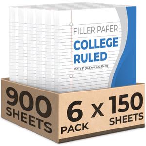 Rosmonde Loose Leaf Paper, 900 Sheets, 6 Pack, College Ruled, 8" x 10.5", Bulk Office Filler Paper, 3 Hole Punched, 150 Sheets/Pack, College Ruled Paper for 3 Ring Binder, Notebook Paper, White