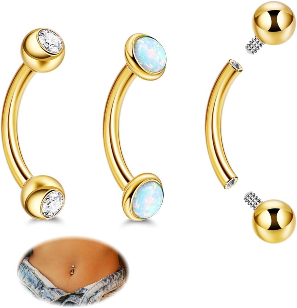 REVOLIA 3Pcs 14G Surgical Steel Small Belly Button Rings for Women Internally Threaded Round CZ Navel Rings Created Opal Curved Barbell Petite Belly Piercings Jewelry 10mm (Gold)