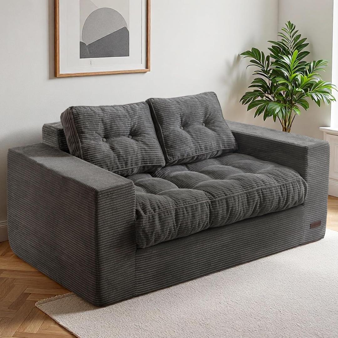 MAXYOYO Loveseat Sofa Couch, Upholstered Bean Bag Chair Cloud 2-Seat for Adults, Boneless Couch with Tufted Cushion & Pillows, Sofa in A Box, No Assembly Required, Dark Grey