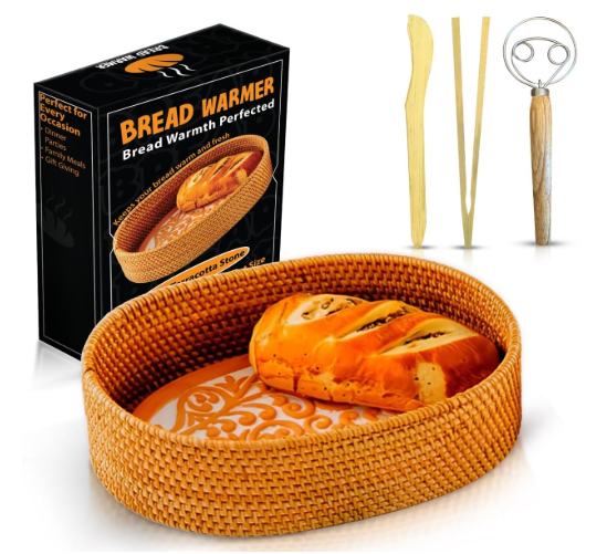Bread Warmer Basket with Terracotta Stone - Handcrafted Oval Bread Basket for Serving Rolls, Tortillas,and Muffins - Eco-Friendly, Perfect for Dining, Gifting, and Farmhouse Decor