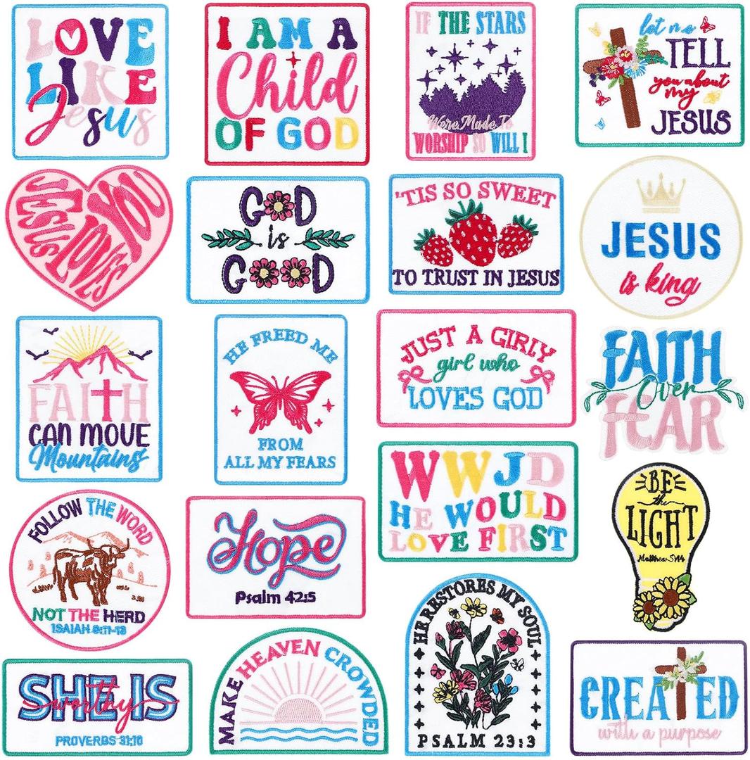 20 Pcs Christian Iron on Patches Love Like Jesus Embroidered Trucker Hat Patch Sew on Applique Bible Verse Religious Iron on Heat DIY Accessories for Clothes Uniform Backpack Jacket(Classic)