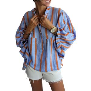 Maketina Women's Casual V Neck Striped Puff Sleeve Blouses Cotton Cute Loose Fit Flowy Button Down Shirts Sky Blue S