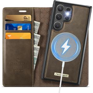 Wallet Case for Samsung Galaxy S24 Ultra Compatible with Magsafe, 2-in-1 PU Leather Flip RFID Blocking Card Holder Stand Shockproof Magnetic Detachable Cover for Galaxy S24 Ultra, Brown