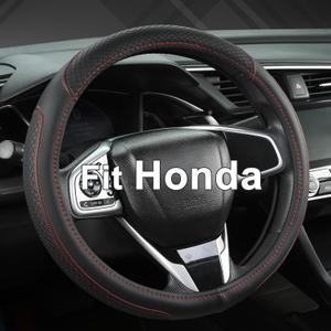 West Llama Customized Auto Car Steering Wheel Cover for Honda Accord Civic CR-V HR-V Pilot Fit Passport Odyssey 14.5-15inch(Black+Red Line-Standard Size)