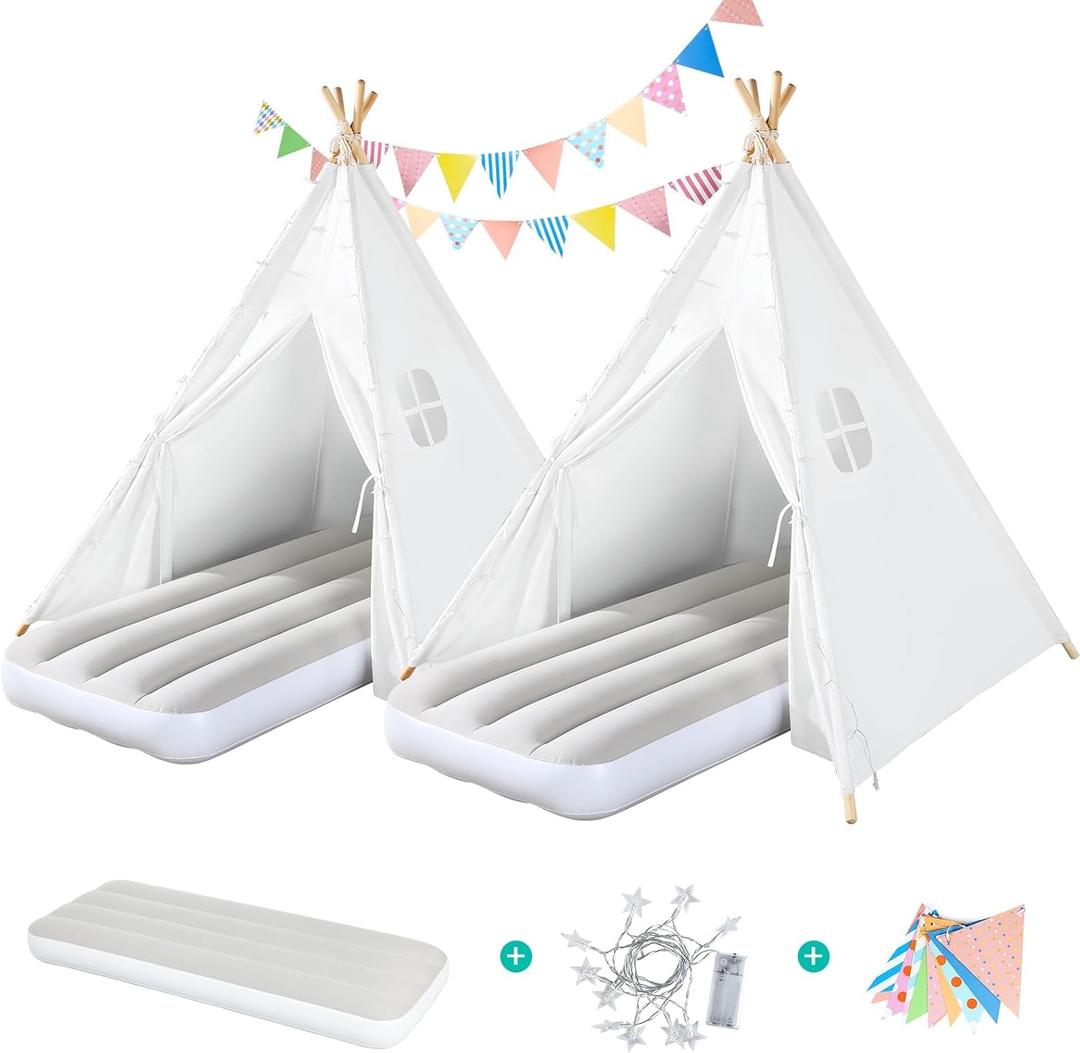 2 Pack Teepee Tent for Kids with Inflatable Airbed, Light, Indoor Toddler Sleepover Tents Children Room Tents for Slumber Party, Outdoor Kids Play Tent Play House for Girls & Boys