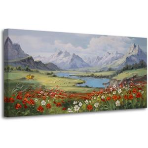 Arjun Landscape Wall Art Canvas for Living Room, Mountain Nature Painting Bedroom Large Textured Floral Scenery Picture Framed Artwork for Office Home Dining Room Hallway Wall Decor, 48"x24"