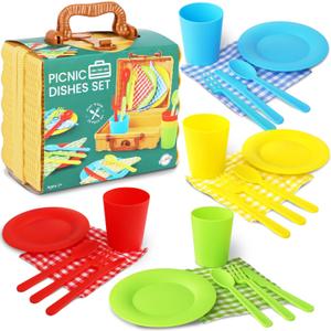 Kids Picnic Basket Toy Dishes, 25 Piece Plastic Tea Party Set - Colored Pretend Play Dishes Playset, Toddlers Kitchen Toys for Boys and Girls, Ages 3+