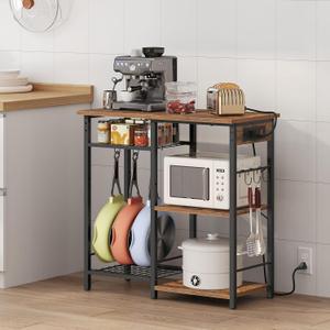 Bakers Rack with Power Outlet, Microwave Stand with Adjustable Mesh Rack, Coffee Bar Station, Kitchen Storage Racks with 6 S Hooks, for Kitchen, Dining Room, Rustic Brown and Black BRHR80E01