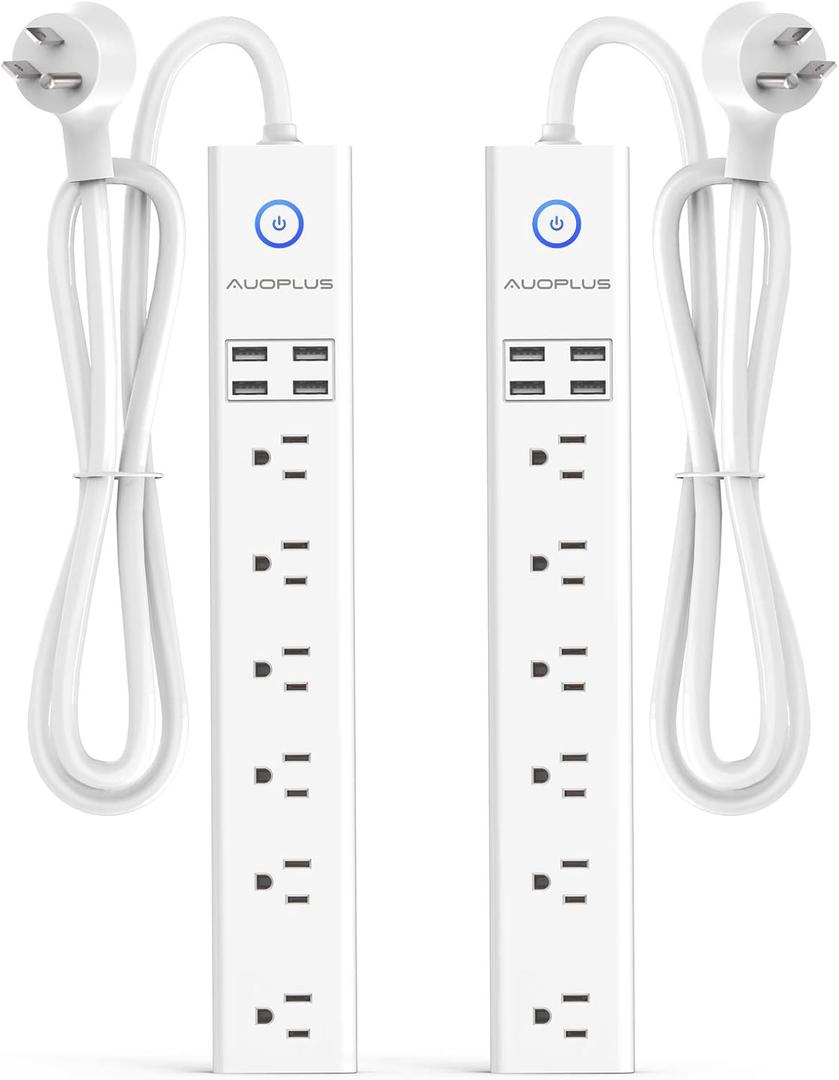 2 Pack Power Strip Surge Protector Flat Plug - 6 Widely Spaced Outlets 4 USB Charging Ports, 2100J/10A with 6Ft Long Extension Cord, Overload Surge Protection, Wall Mount for Home Office (White)