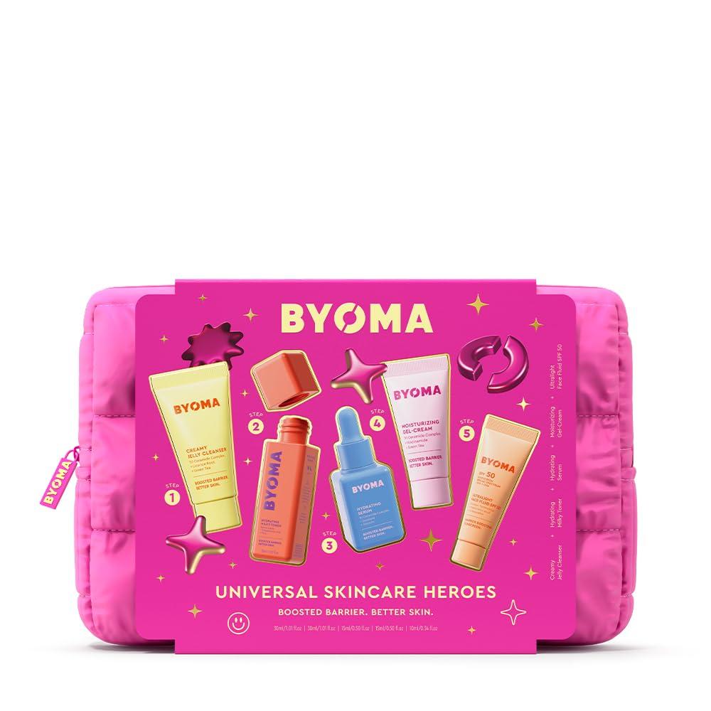 BYOMA Universal Skincare Heroes (5-Piece Kit) - Skincare Gift Set with Jelly Cleanser, Milky Toner, Hydrating Serum, Gel Cream & SPF 50 - Skin Barrier Repair Gift Set with Makeup Bag
