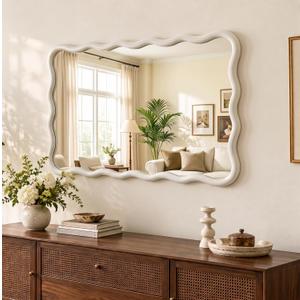 Wavy Mirror for Wall, White Squiggly Mirror with Solid Wood Frame, Modern Decorative Wall Mirror Vanity Mirror for Bathroom Bedroom Living Room Dining Room Entryway