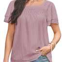 Falechay Summer Tops Short Sleeve Pink Tunic Tops for Women Lace Boho Womens Shirts Square Neck Womens Blouses Loose Peasant Clothing XL