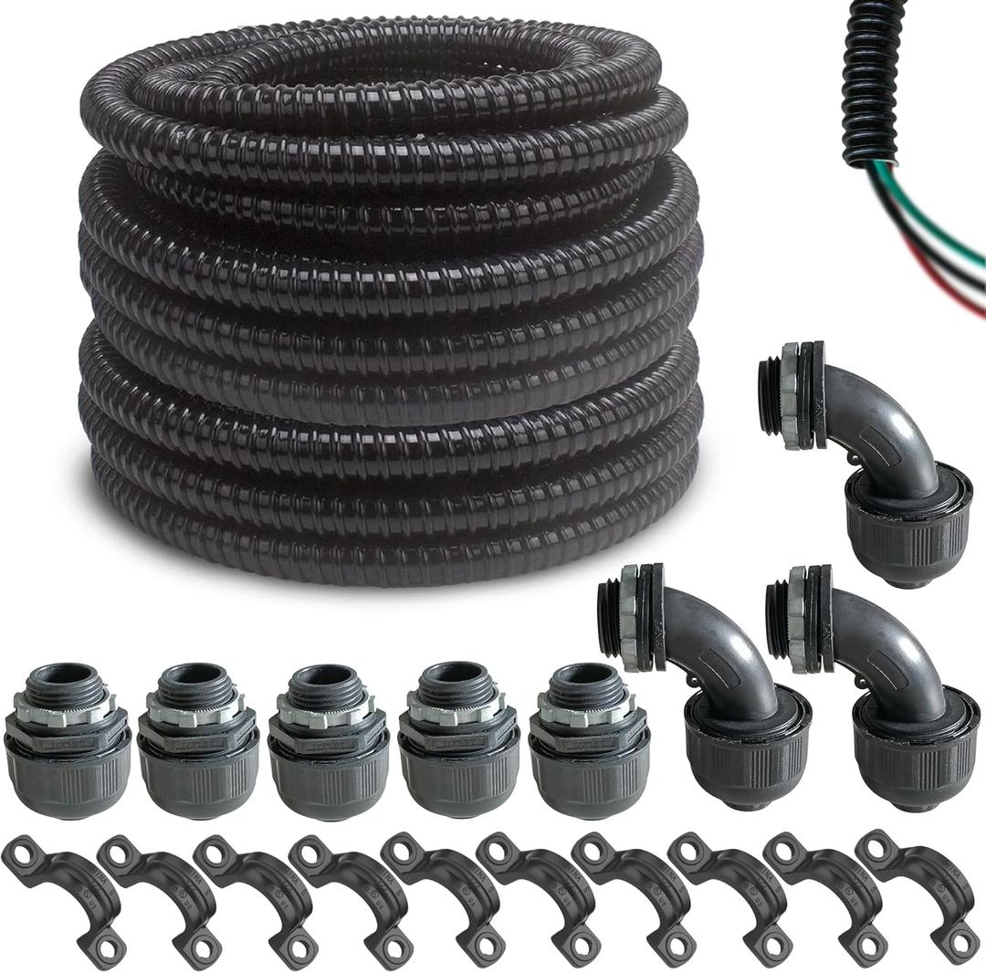 (1/2" Dia * 50 Feet) Yariwiz Black Special Extra Flexible Electrical Conduit Liquid Tight PVC Conduit Kit with 5 PCS Coupling, 3 PCS Elbow and 10 PCS Strap, Sealtight Seal Flex Liquidtight Wire