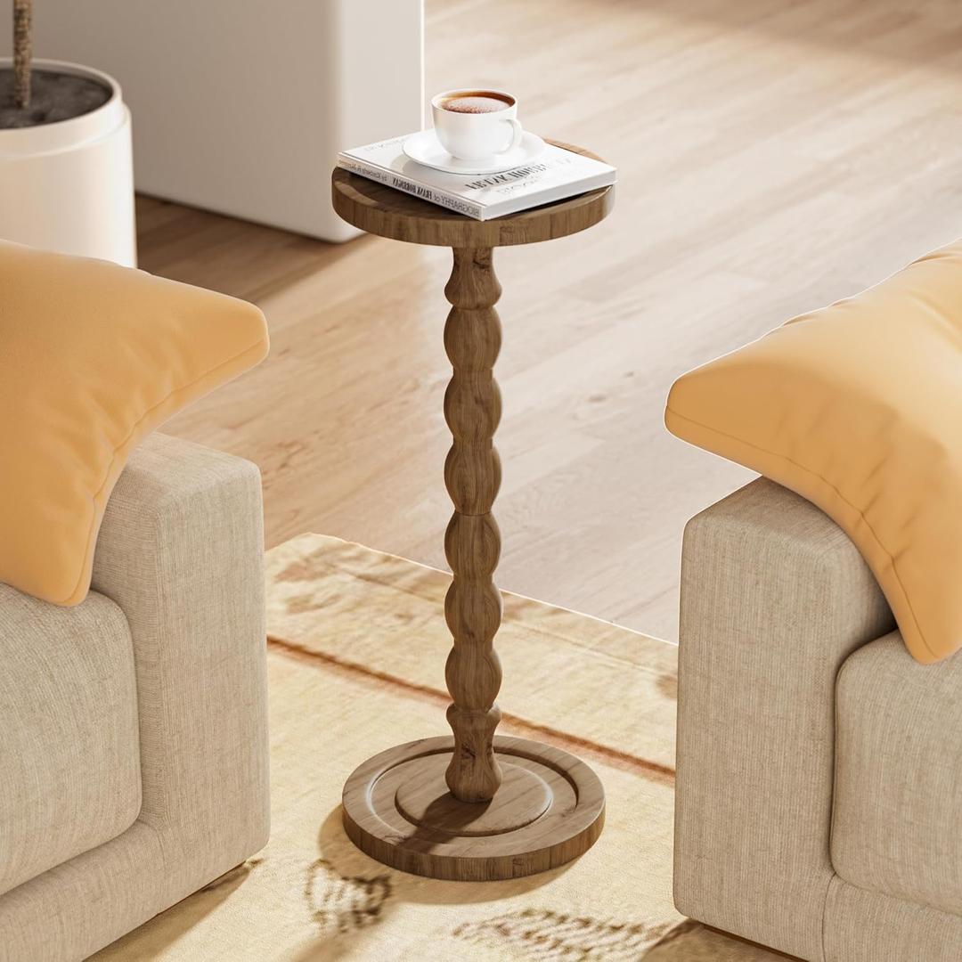 Rubber Wood Round Side Table, Solid Wood Small Drink Table for Small Spaces, Modern Accent Tables, End Tables for Living Room, Bedroom and Office (Brown, 9.4 Inch)