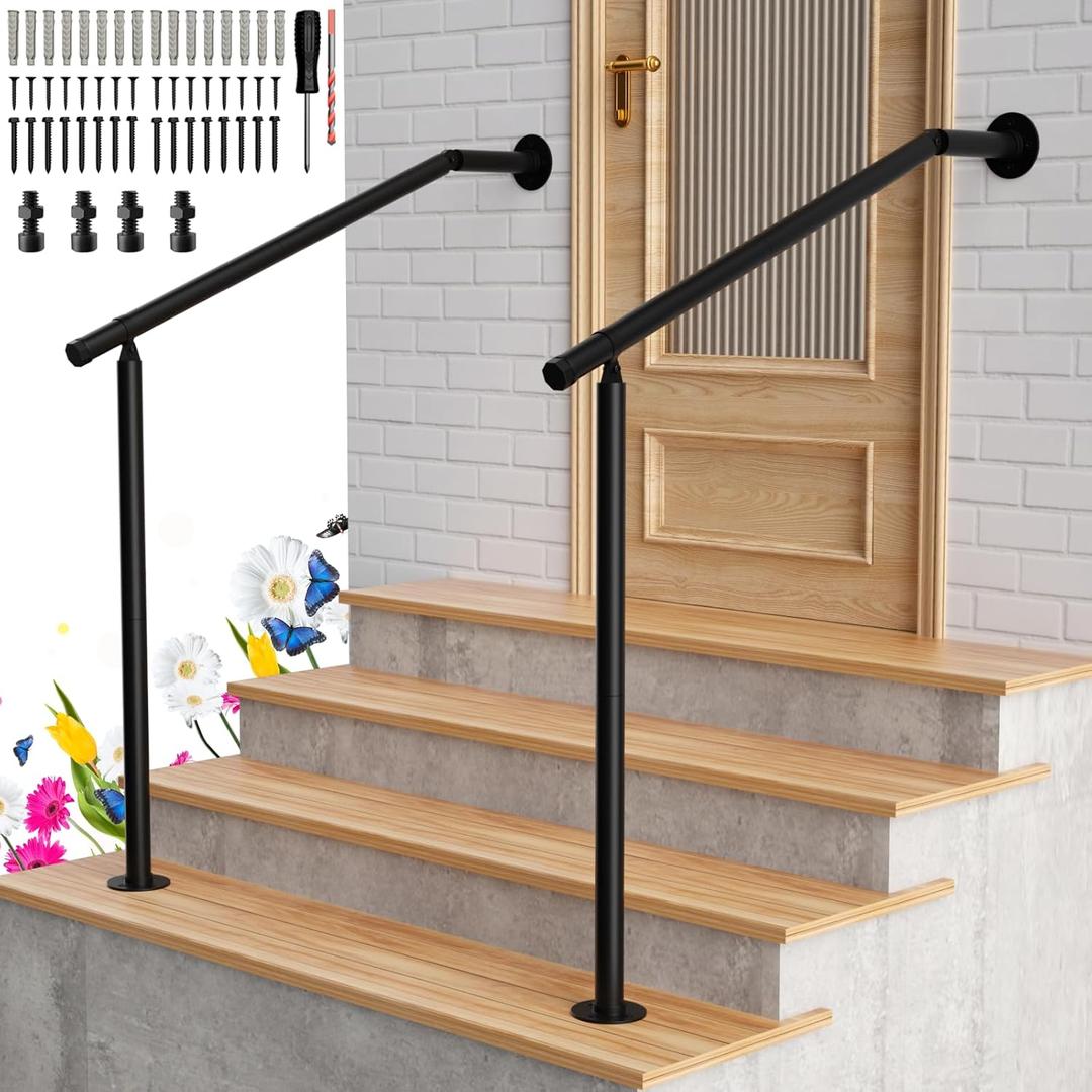 2 Pack Hand Rails for Outdoor Steps 2-3 Step Deck Railing Kit Wall Floor Mounted Wrought Iron Handrails Deck Rail Kit Exterior Hand Railings for Seniors Indoor Stairs Porch Railing