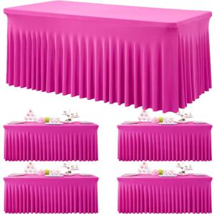 6ft Hot Pink Spandex Tablecloths for Rectangle Tables, 4pk Stretchy Table Cloths Fitted Tablecover 6 Foot Fuchsia Desk Skirt for Weddings Birthday Party Banquet Baby Shower
