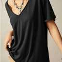 Women's V Neck Tee Short Sleeve Drop Shoulder Loose T-Shirts Casual Tops (Black, L)