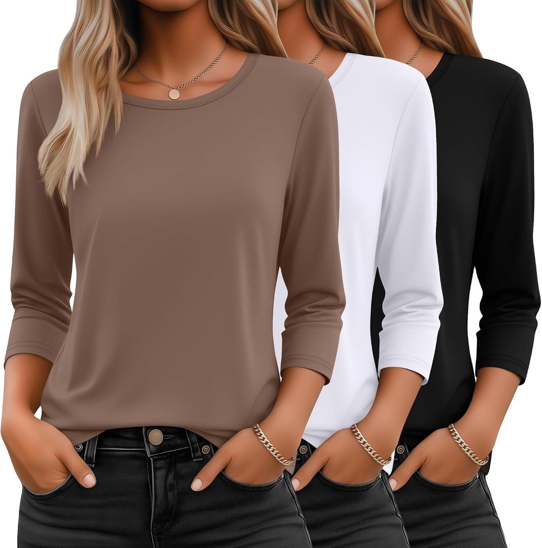 Ficerd 3 Pack 3/4 Sleeve Tops for Women Round Neck Dressy Basics Tees Casual Trendy Loose Fit T Shirts (Brown, L)