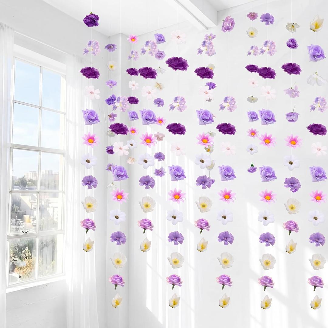 6 Pcs 35.4 Inch Artificial Purple Flower Garlands with 3 Pcs 10 Ft Wedding Tulle Table Runner Wildflower Vines Floral Table Runner Garlands for Wedding Bridal Shower Spring Tea Party, 29 inches x 120 inches