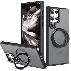 Compatible with Samsung Galaxy S22 & S23 Ultra Case with 360Rotatable Magnetic Ring Stand Compatible with Mag-Safe Military Protection Shockproof Translucent Phone Case, Black