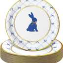 Qinyoung 50 Pcs Easter Bunny Disposable Plates 9 Inch Blue Rabbit Paper Plates Retro Gold Round Bunny and Bow Easter Dinnerware for Spring Baby Shower Birthday Party Table Supplies